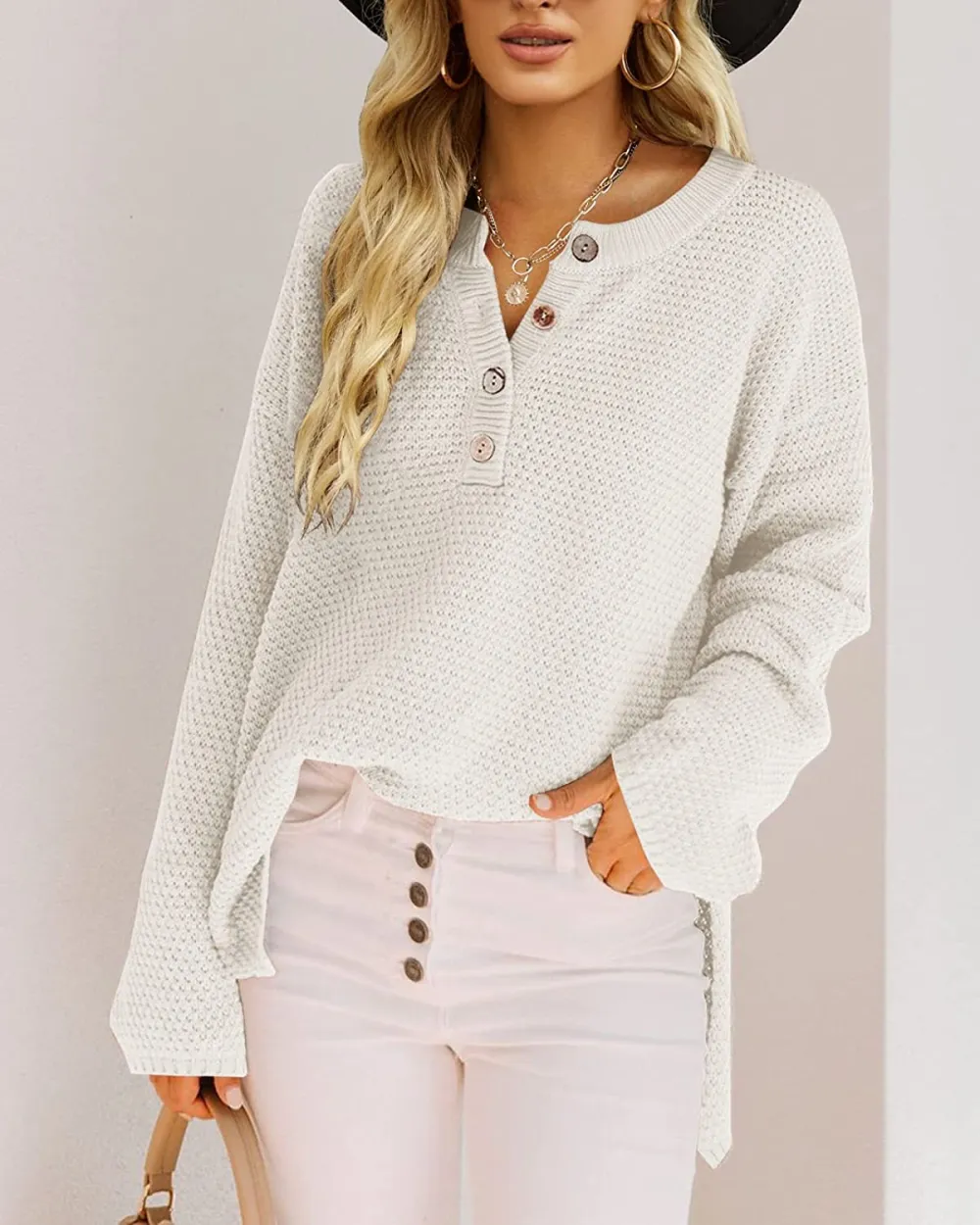 Women's Oversized Sweaters Batwing Long Sleeve Loose V Neck Button Henley Tops Pullover Knit Jumper