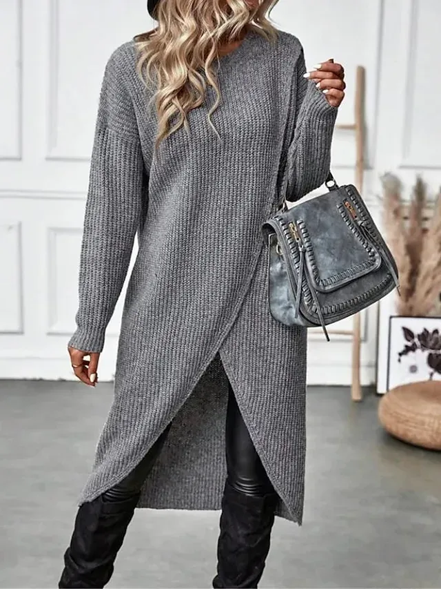 Women's Sweater Dress Knit Dress Jumper Dress Midi Dress Knitwear Warm Fashion Plain Outdoor Daily Going out Crew Neck Long Sleeve 2023 Regular Fit Black Wine Green S M L XL XXL 3XL