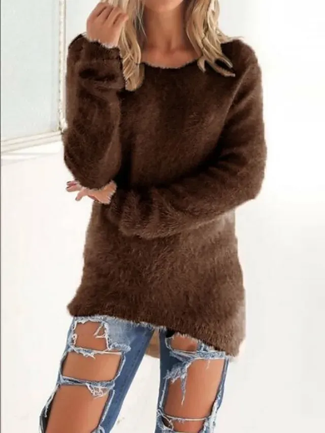 Women's Pullover Sweater Jumper Stylish Casual Soft Solid Color Fuzzy Crew Neck Oversized Long Sleeve Long Tops Knit Outdoor Daily Going out Lake blue ArmyGreen Fall Winter