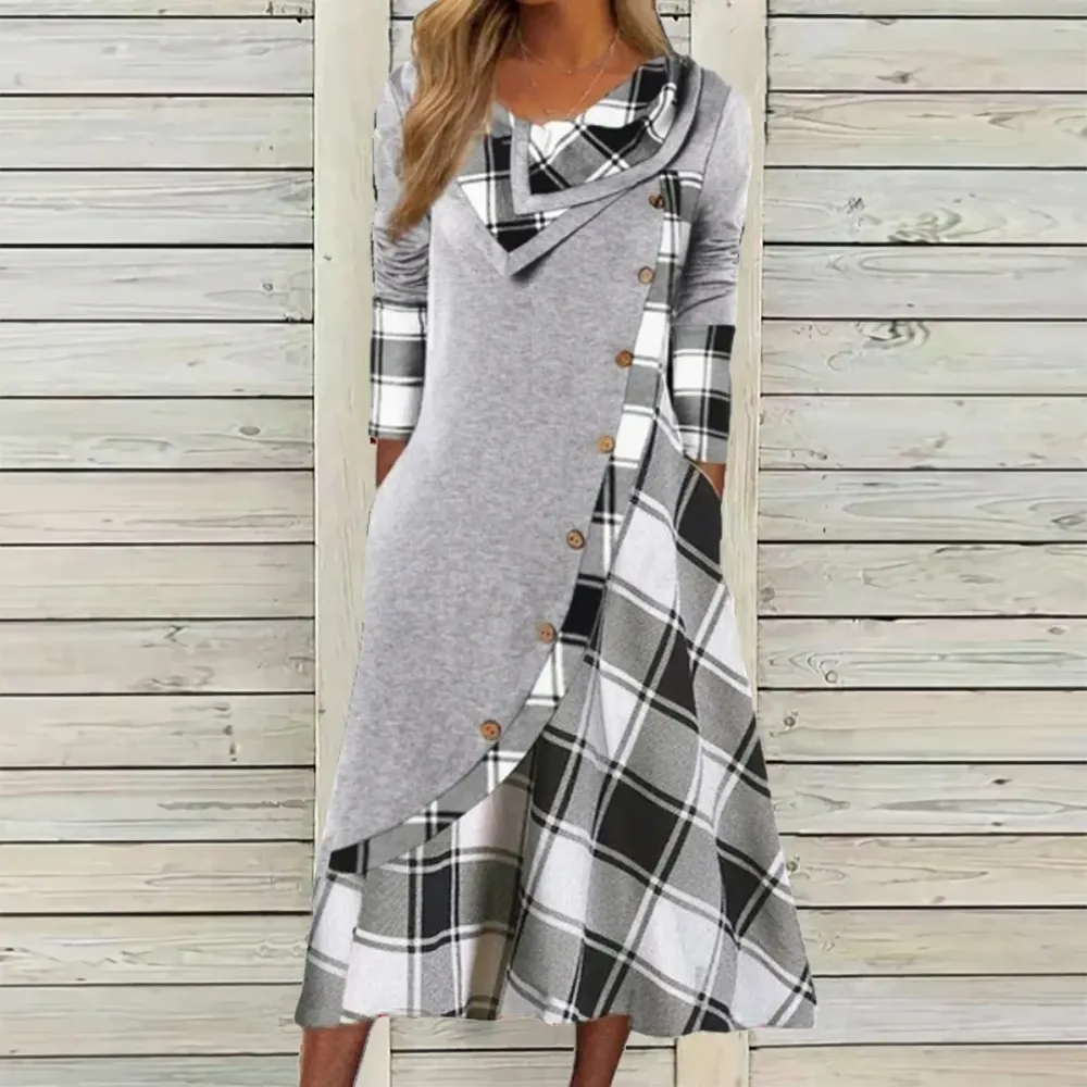 Women's Long Sleeve Scoop Neck Plaid Printed Button Stitching Midi Dress