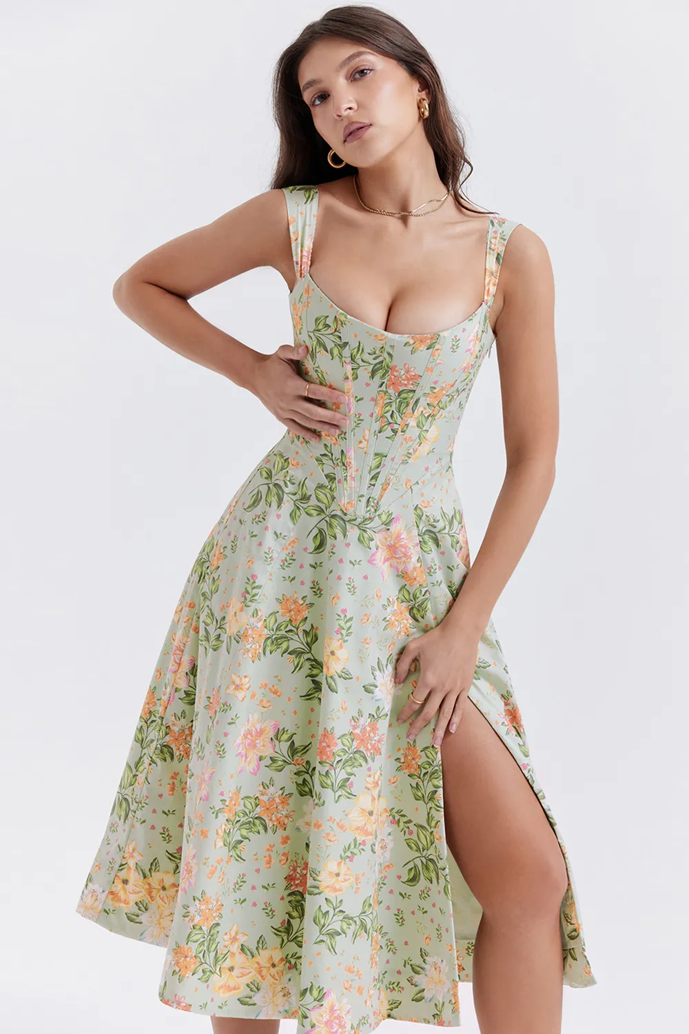 FLORAL LACE-UP CORSET A-LINE SUN DRESS