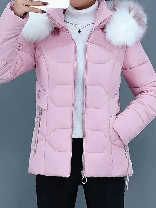 Women's Parka Cropped Puffer Jacket Winter Coat Zip up Hooded Coat with Removable Fur Collar Thermal Warm Heated Coat Fall Outerwear with Pockets Warm Classic Long Sleeve Blue