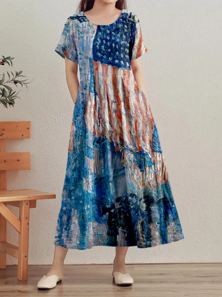 Vintage American Flag Painting Art Linen Maxi Dress