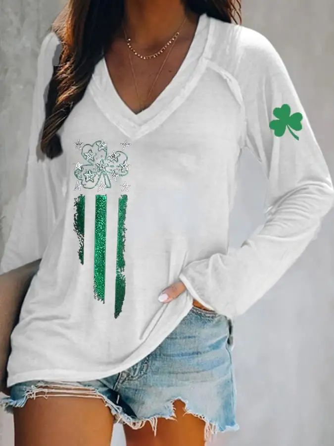 Women's  St. Patrick's Day Printed V-Neck T-Shirt