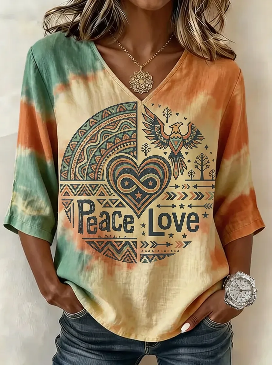 Women's Nashville Boho Peace Love Tribal Eagle Printed V-neck Top