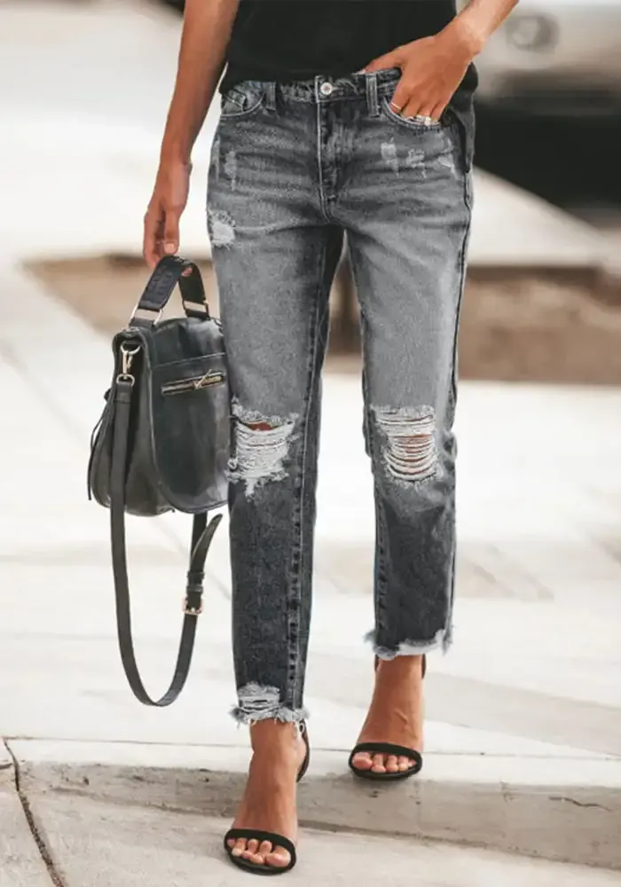 Sweetest Crop Non-stretch Ripped Washed Jeans Slim Fit