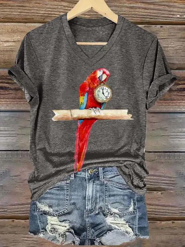 Women's 5 O'clock Parrot Print V Neck T-shirt