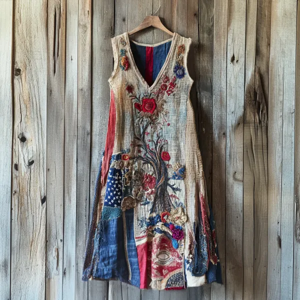 Women's Vintage Independence Day Flawer Embroidered V-neck Tank Midi Dress