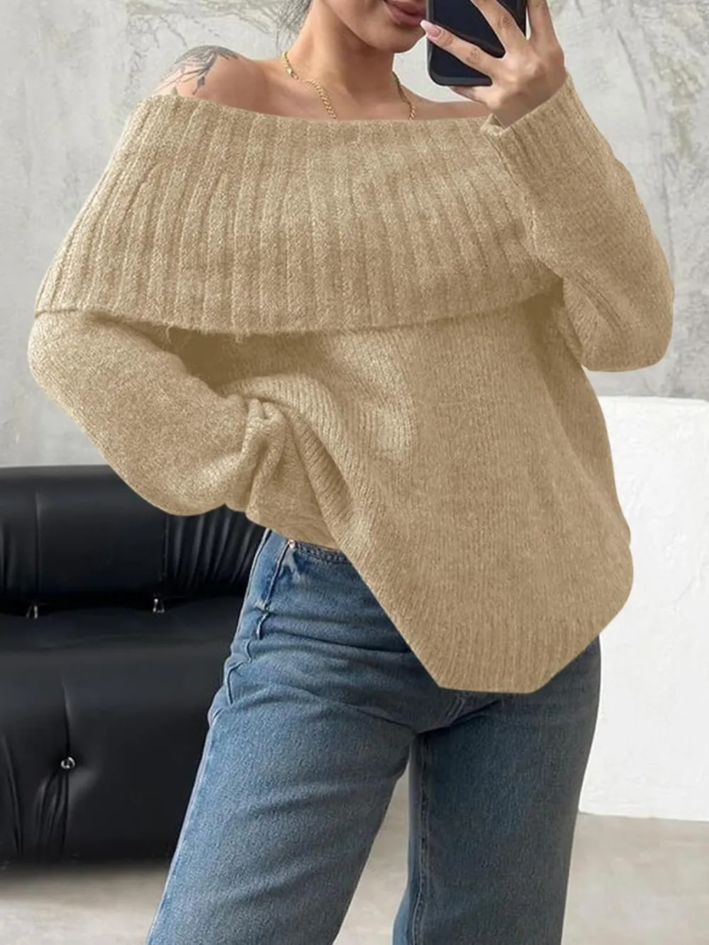 🎄Hot Sale Off The Shoulder Sweaters Long Sleeve Slouchy Knitted Casual Loose Fall Trendy Pullover Tops