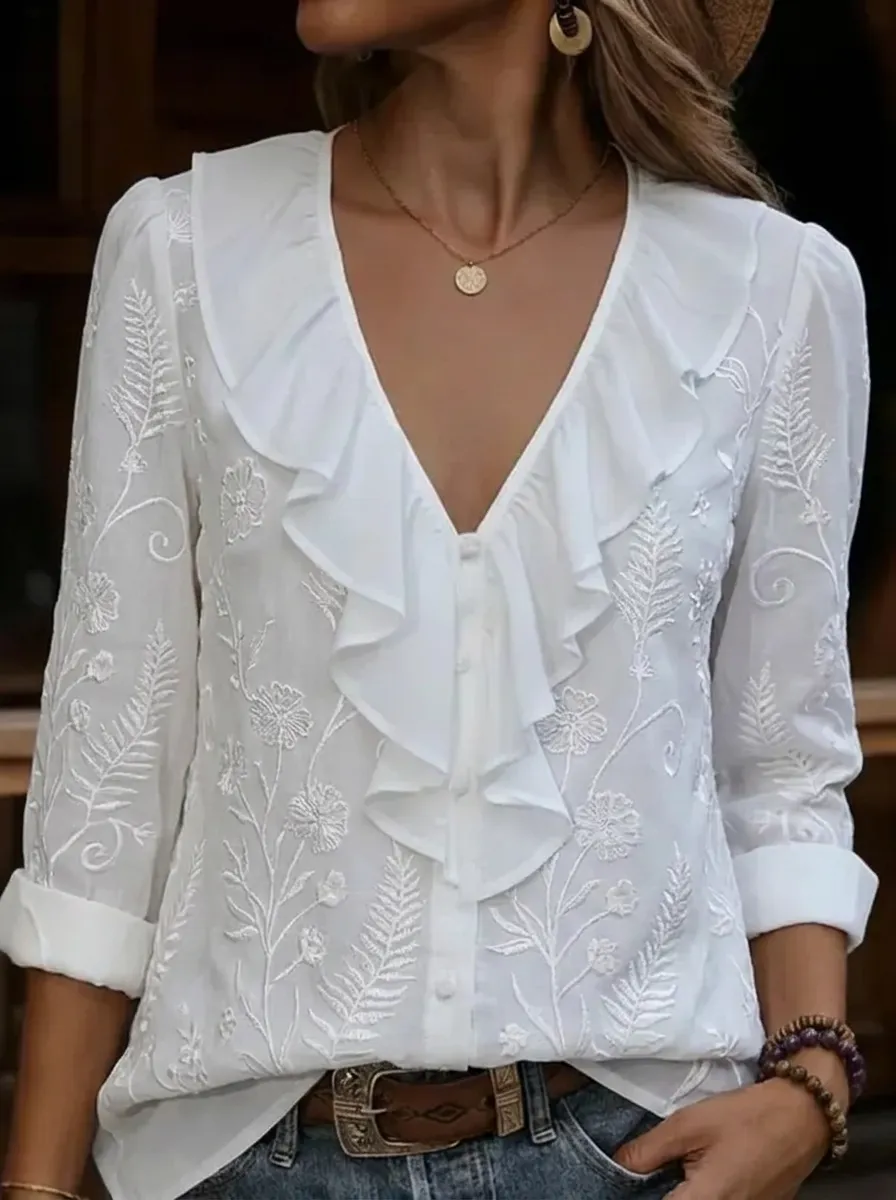 Women's Nashville Floral Embroidery Ruffle V-Neck Printed Shirt