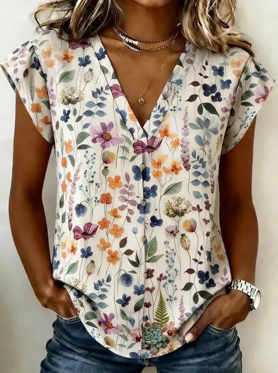 Women's Nashville Botanical Wildflower Printed V-Neck Top