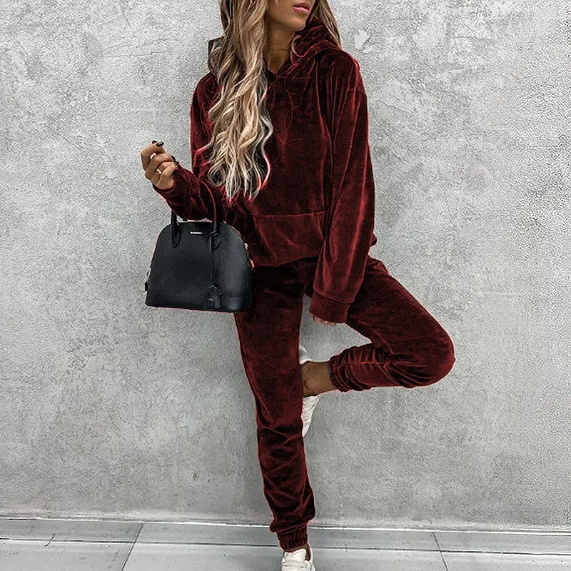 Women's solid color hooded sports casual suit