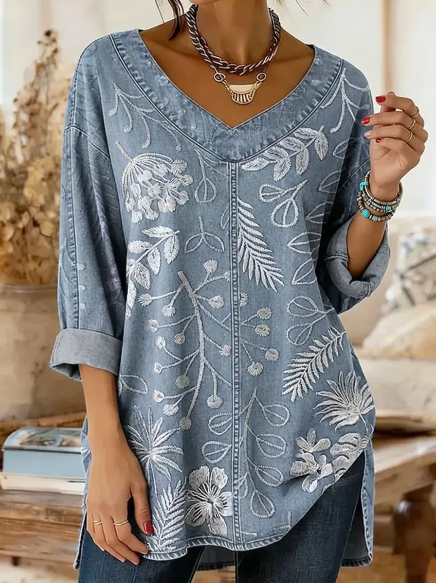 Women's Nashville Floral Botanical Embroidered Printed Top