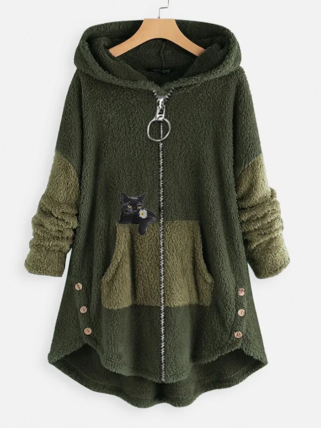 Women's Plus Size Teddy Coat Animal Cat Causal House Long Sleeve V Wire Regular Fall Winter Green Pink Dark Gray L XL XXL 3XL 4XL / Loose Fit