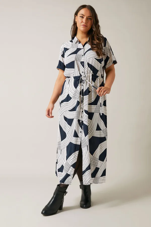EVANS Curve Navy Blue Linear Print Midi Shirt Dress