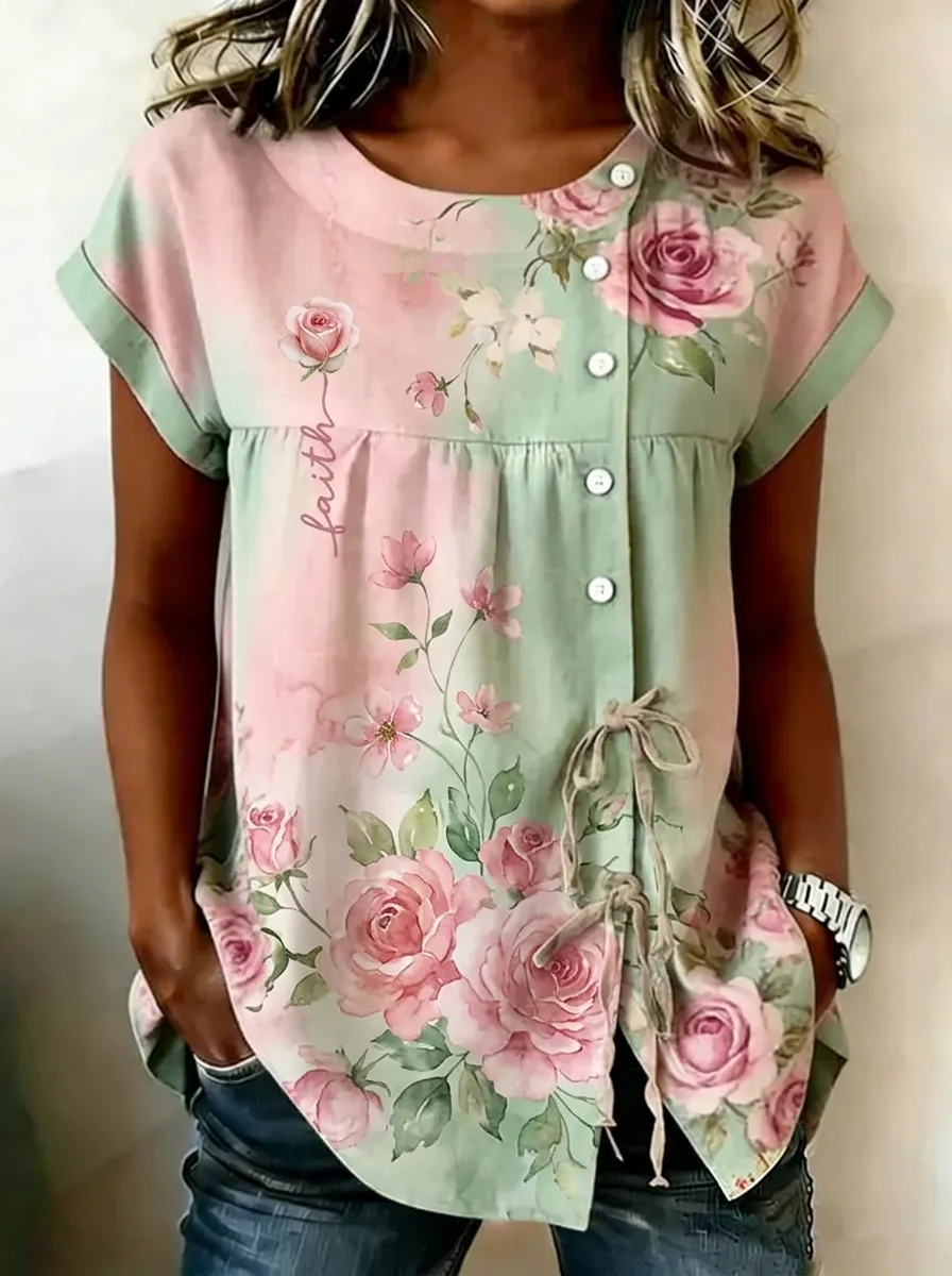 Women's Nashville Faith Floral Rose Printed Button-Up Top