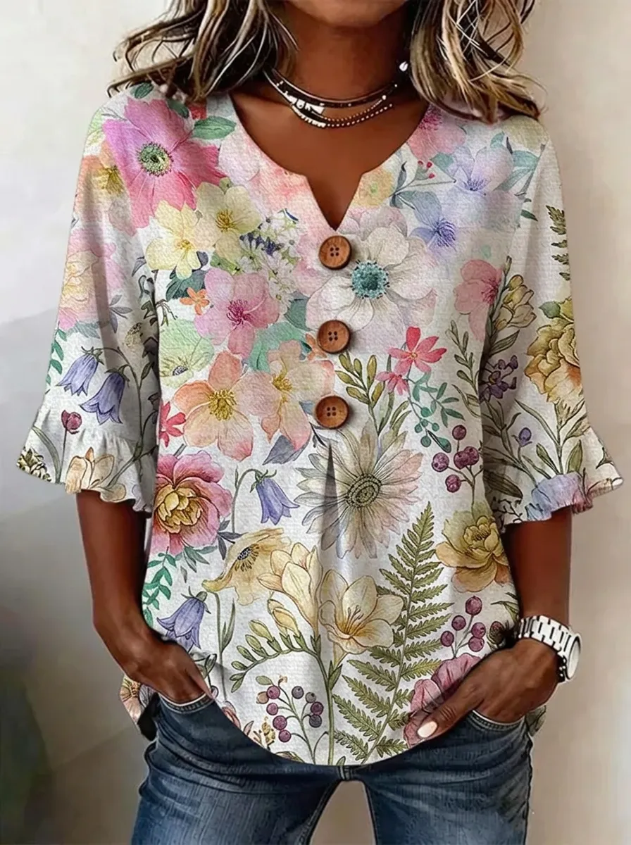Women's Nashville Floral Botanical Printed V-Neck Button Top