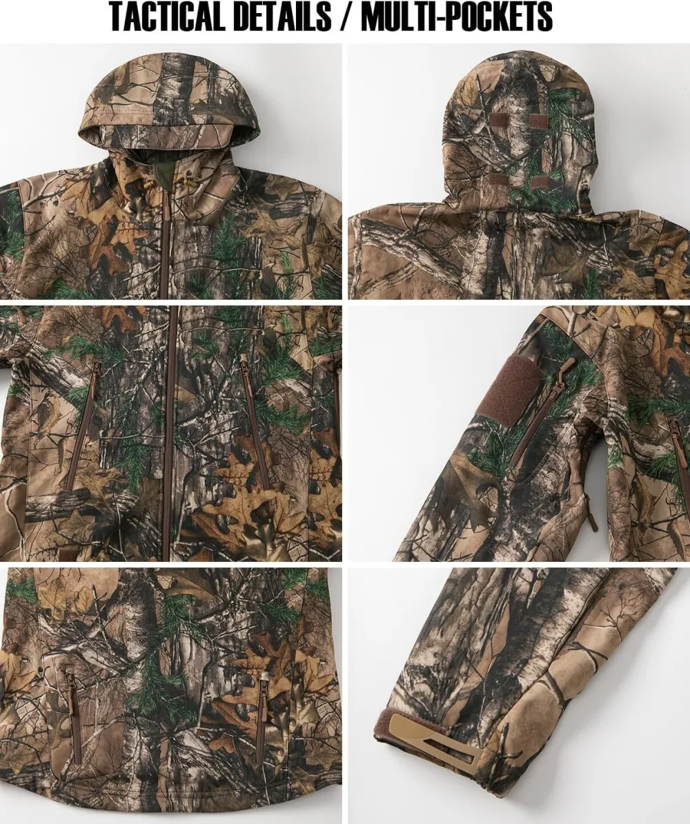 Men's Camo Quiet Hunting Jacket Waterproof Softshell Fleece Lined Camouflage Outdoor Hiking Fishing Coat