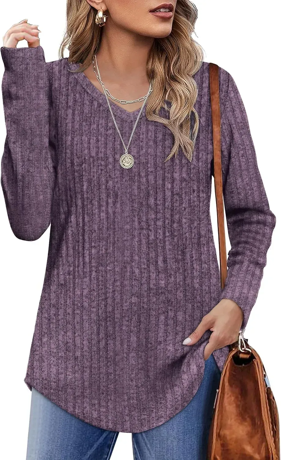 OFEEFAN Long Sleeve Shirts for Women Lightweight Crew Neck Casual Tunic Tops