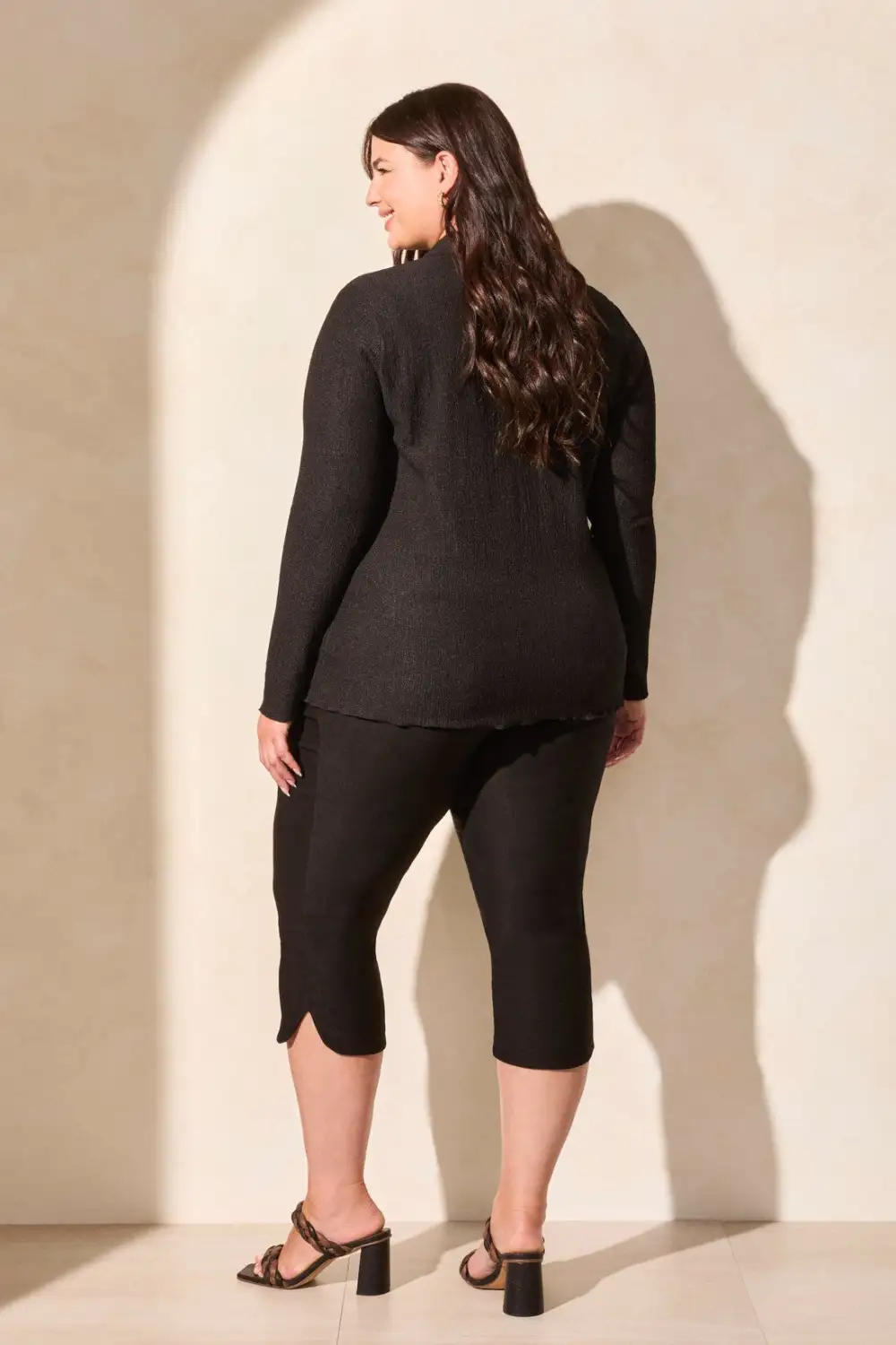 Crinkle Knit Button-Front Loose Shirt-Black