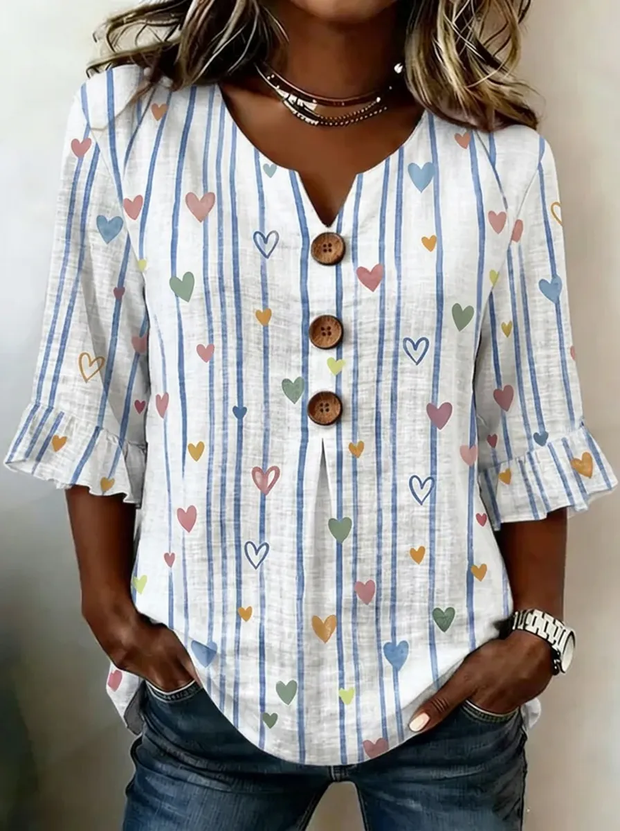 Women's Nashville Heart Striped Pattern Printed V-Neck Top