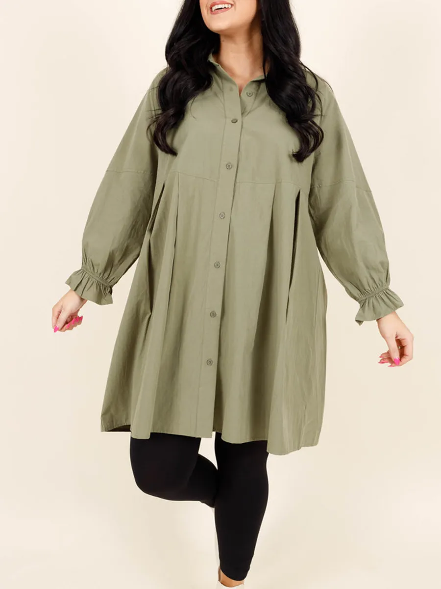五个分类-Green pleated button loose fitting shirt