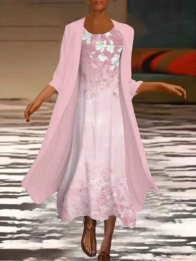 Women‘s Dress Set Two Piece Dress Midi Dress Green Blue Purple Pink White Long Sleeve Floral Ruched Print Summer Spring Fall Crew Neck Elegant Casual Classic 2023 S M L XL XXL 3XL / Summer Dress