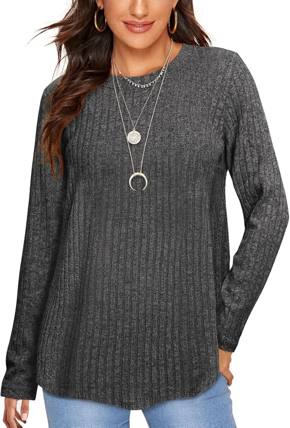 OFEEFAN Long Sleeve Shirts for Women Lightweight Crew Neck Casual Tunic Tops