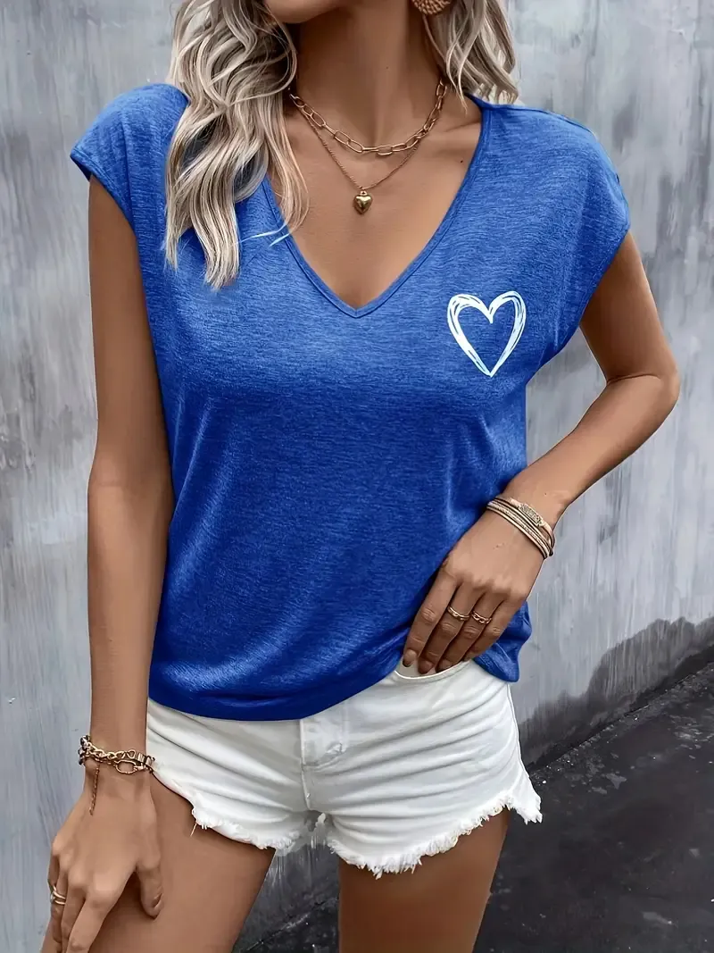 Heart Print V Neck T-shirt, Casual Cap Sleeve Top For Spring & Summer, Women's Clothing