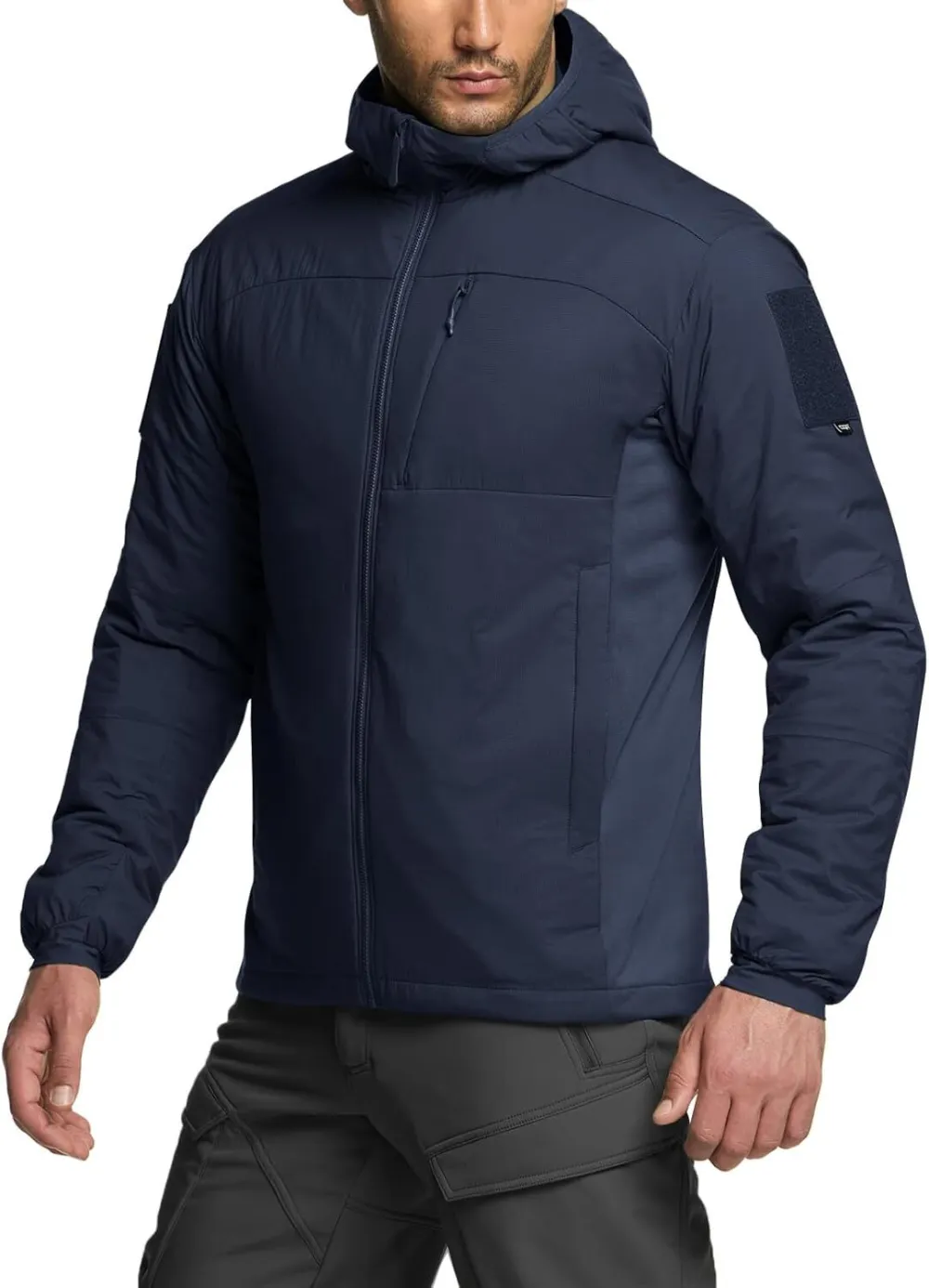 Men's Insulated Hooded Tactical Jacket, Lightweight Mid-Layer Warm Hoodie, Water Resistant Full Zip Hiking Work Coat