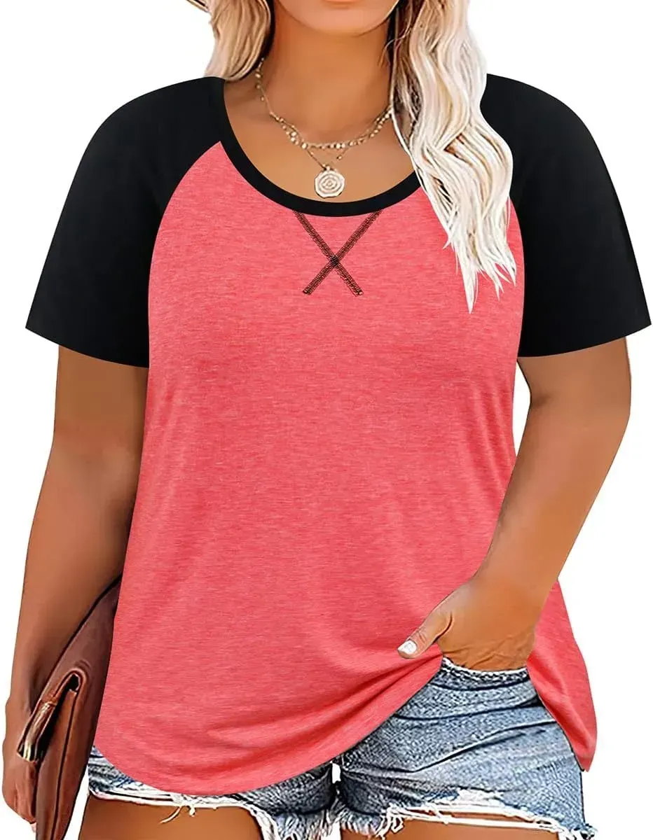 TIYOMI Plus Size T Shirt for Women Short Sleeve Tunic Cross Line Shirts Round Neck Tops Summer Blouse XL-5XL 14-28