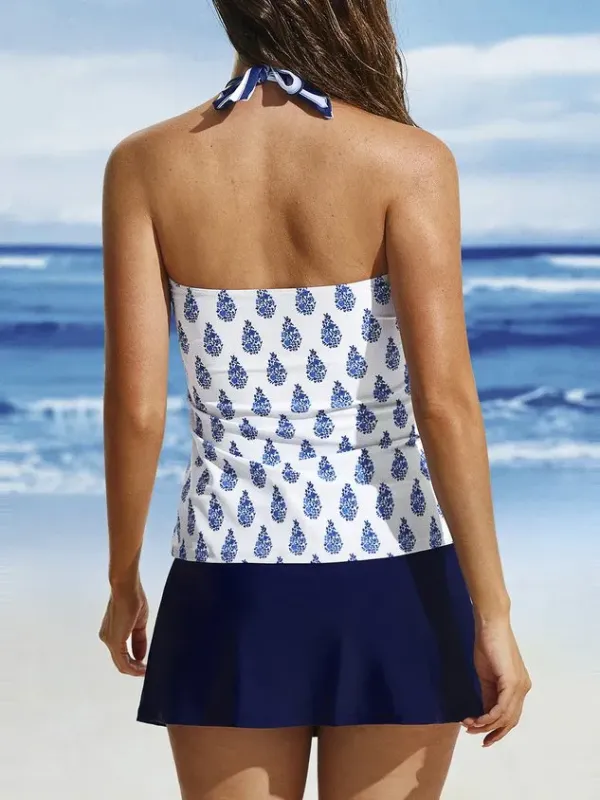 Vacation Ethnic Printing Crew Neck Swimdress Two-Piece Set