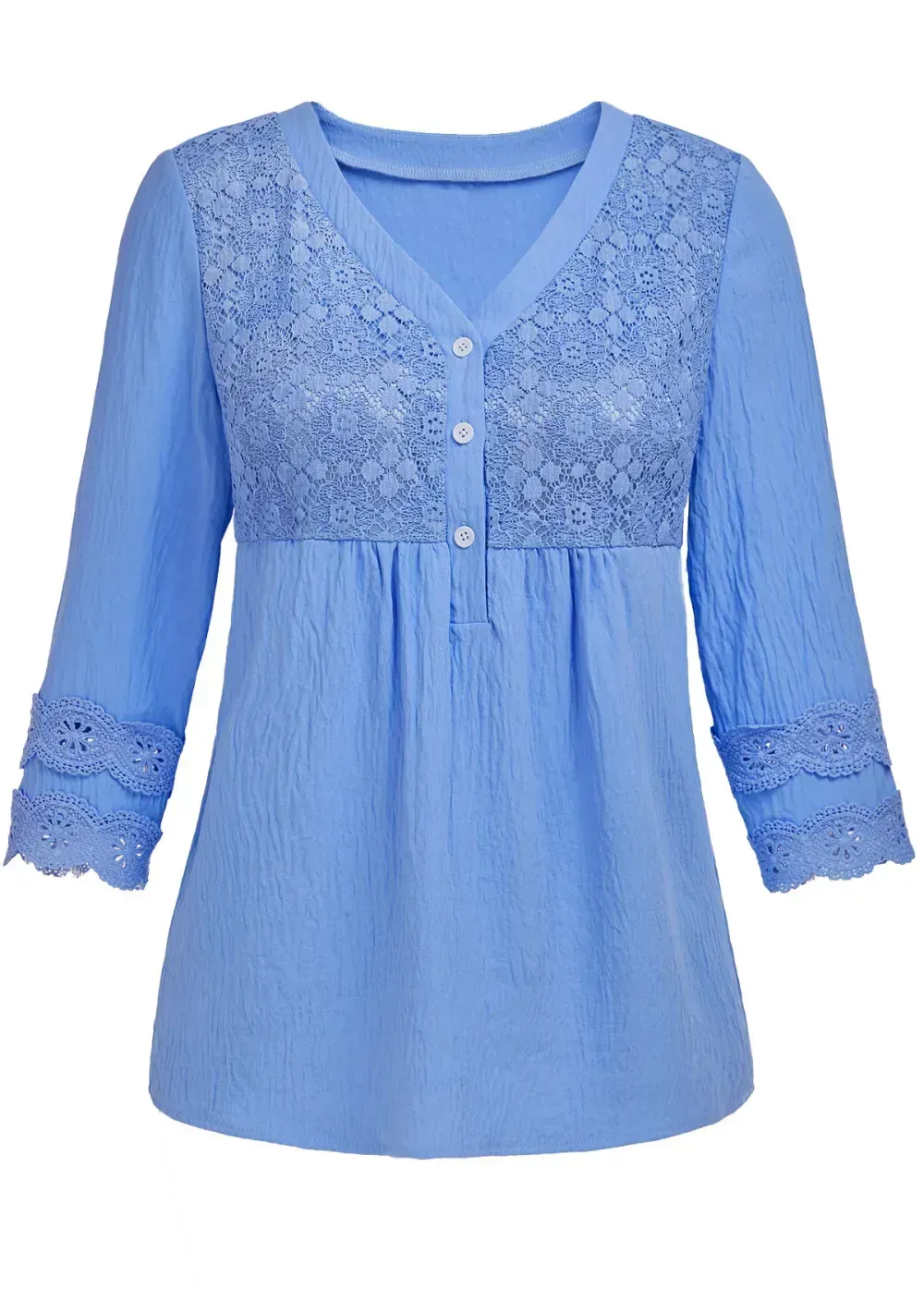 Blue Lace Long Sleeve V Neck Blouse