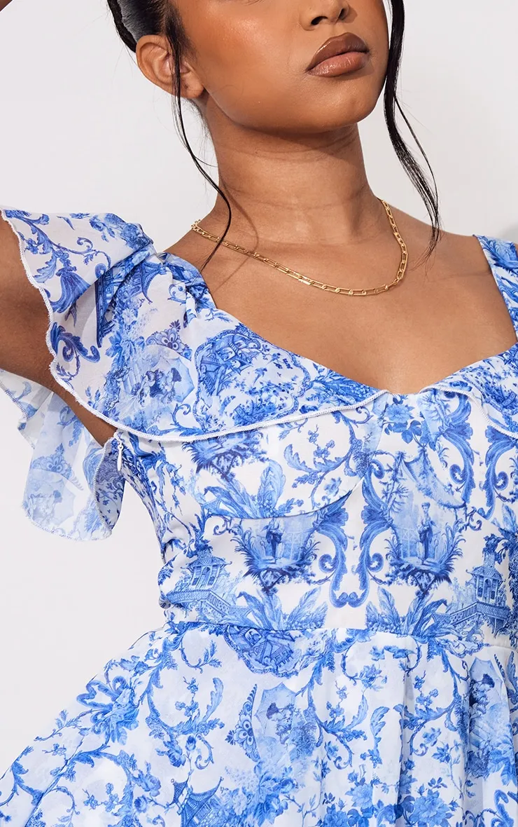 Petite Blue Chiffon Print Frilled Mini Dress
