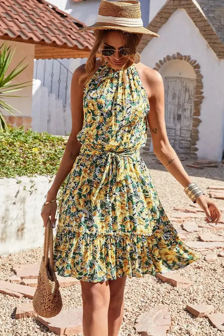 Halter Neck Summer Loose Sleeveless  Ruffle Belt Boho Floral Dress