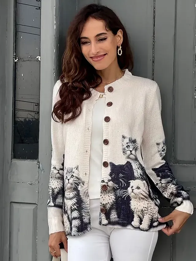 Women's Sweater Daily Graphic Crew Neck Print Long Sleeve Regular Tops Knit Weekend Pink Khaki Fall Winter