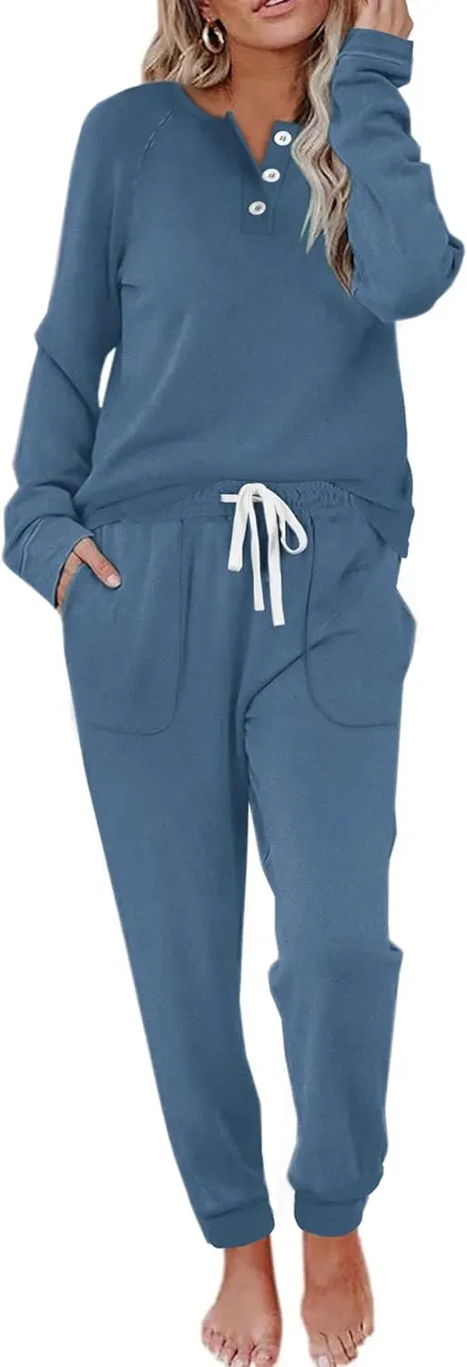 Two Piece Outfits for Women Lounge Sets Button Down Sweatshirt Sweatpants Sweatsuits Set with Pockets