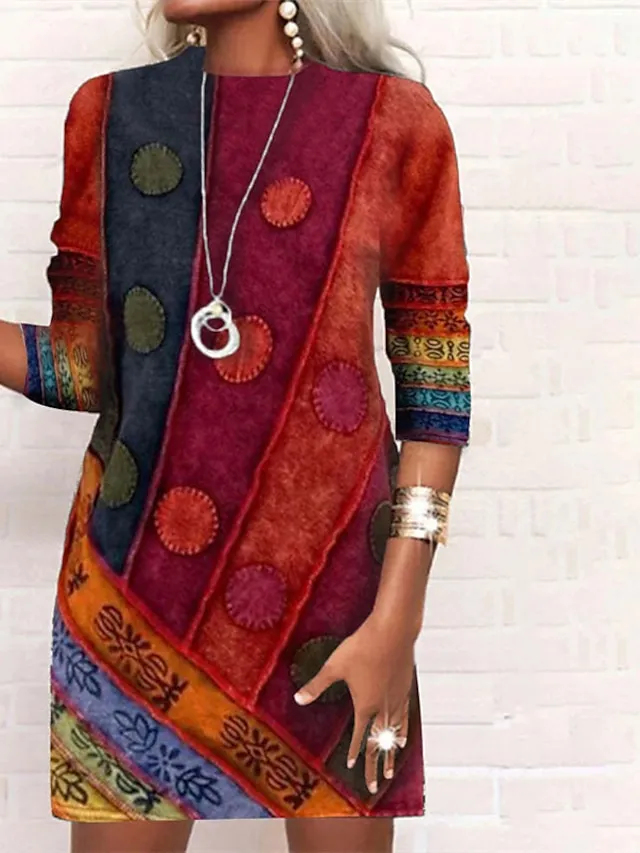 Women‘s Casual Dress Shift Dress Short Mini Dress White Black Gray Wine Long Sleeve Polka Dot Color Block Geometric Print Fall Winter Crew Neck Casual Modern 2023 S M L XL XXL 3XL