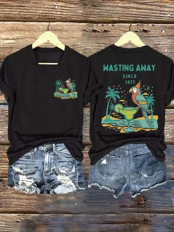V Neck Retro Parrot Margarita Wasting Away Since 1977 Print T-Shirt