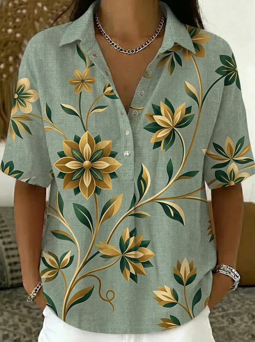 Women's Nashville Floral Botanical Printed V-neck Polo Shirt