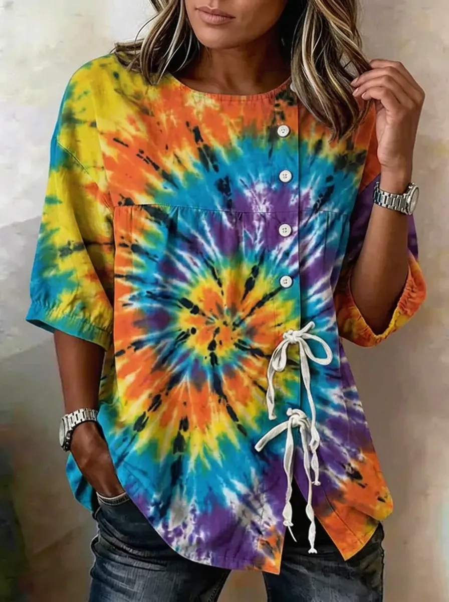 Women's Nashville Tie-Dye Spiral Printed Button-Down Top
