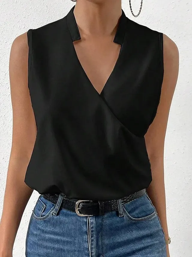 Women's Tank Top Light Yellow Black White Plain Sleeveless Casual Fashion Basic Elegant V Neck Regular Fit Sleeveless