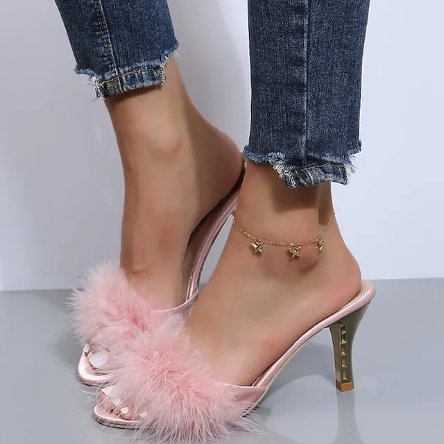 Women's Sandals Furry Feather High Heel Pointed Toe Faux Fur PU Loafer Solid Colored Black Rosy Pink Beige