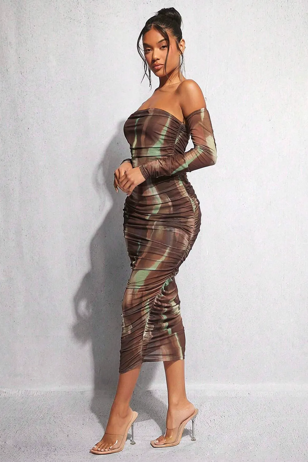 BAE Tie Dye Off Shoulder Ruched Side Bodycon Dress