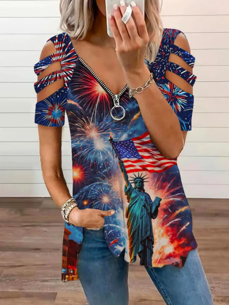 Women's Casual Independence Day Oil Painting Goddess Zipper Hollow Top