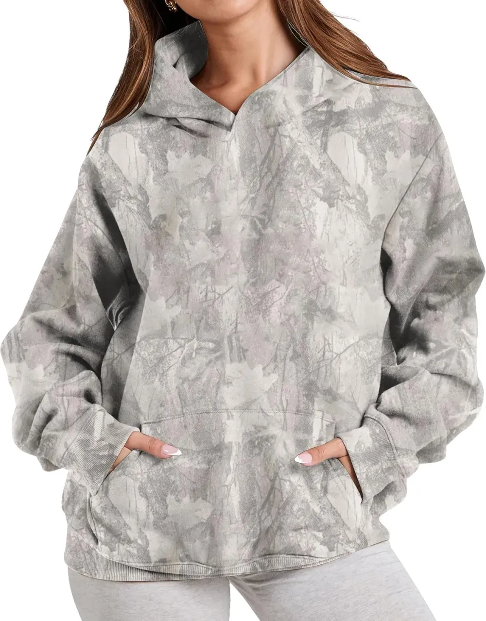 Womens Camo Hoodies Maple Leaf Print Oversized Hooded Sweatshirt Fleece Pullover Sweatshirts Long Sleeve with Pocket