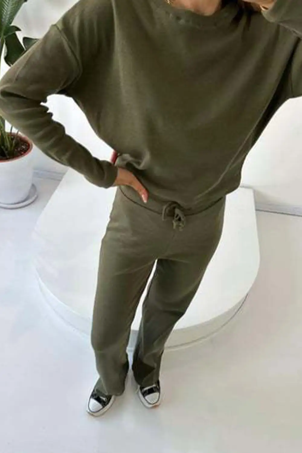 Ribbed Crew Neck Crop Top Drawstring Long Pants Set