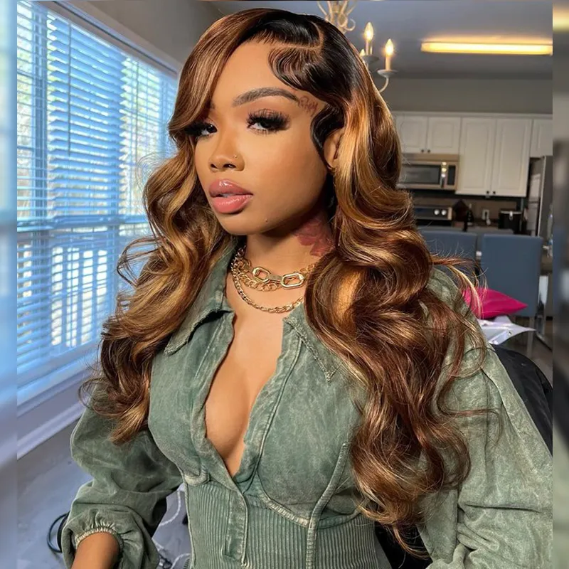 Sterly Hair Black Roots with 4/27 Highlight Wig Body Wave Lace Front Human Hair Wig