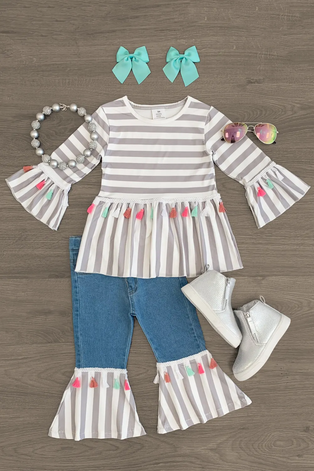 Gray Stripe Tassel Denim Pant Set