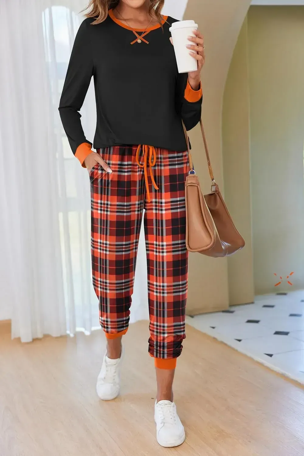 Women's Pajamas Sets Long Sleeve with Plaid Pants Soft Sleepwear O Neck 2 Piece Pjs Joggers Loung Set with Pockets